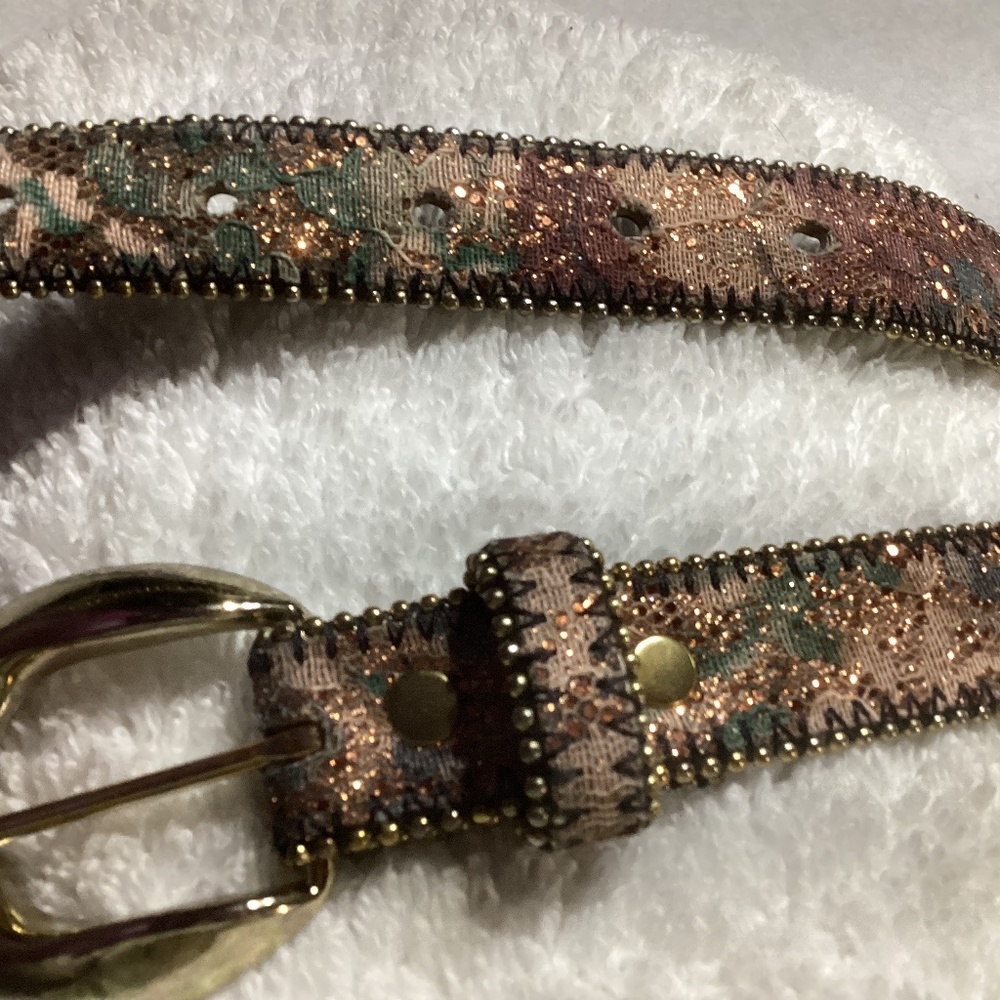 Women Small belt glitzy multi-color w gold trim; glitter net